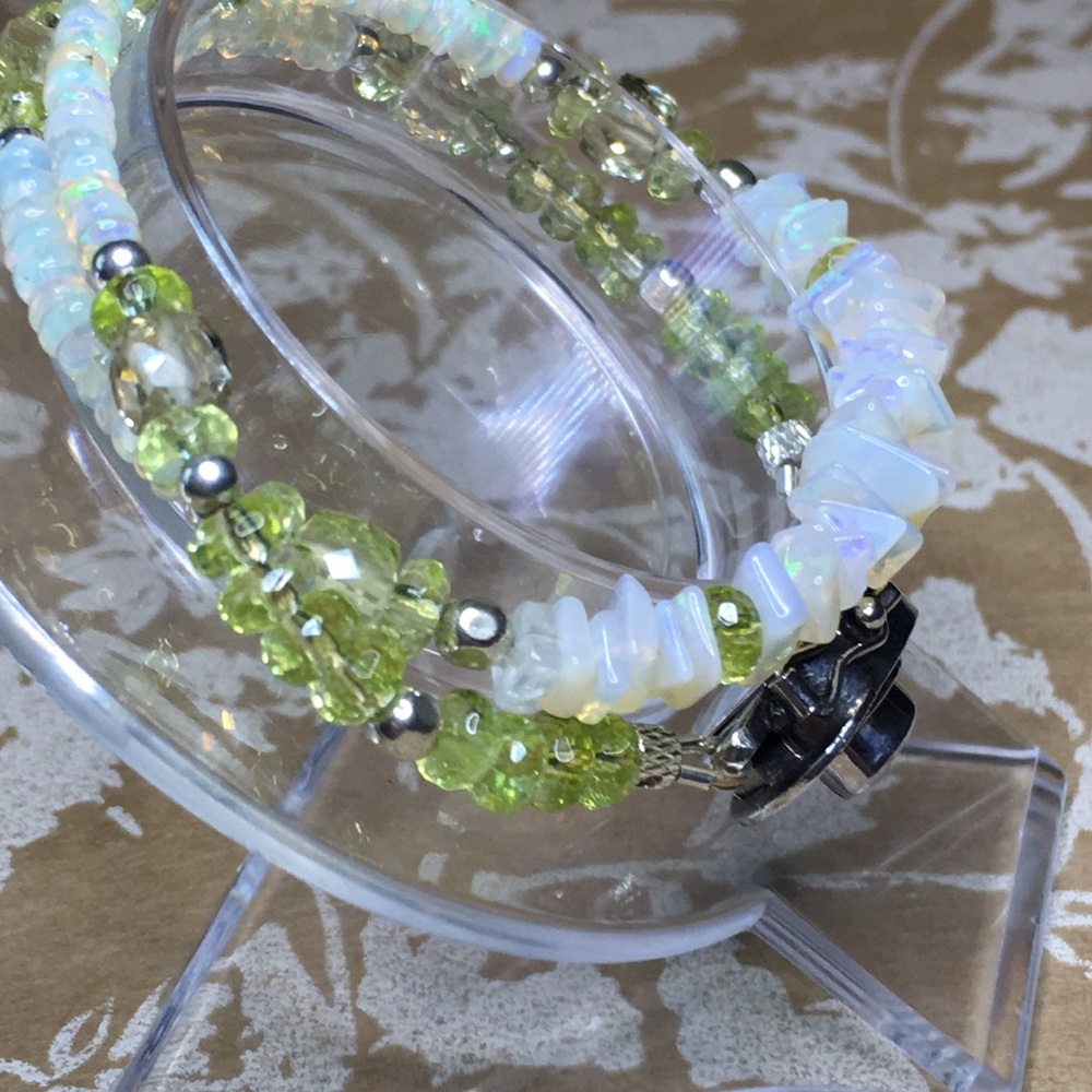 SALE Elegant Sterling Sterling, Opal & Peridot Double Wrap Bracelet OOAK - Picture 9 of 10